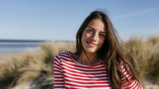 Jeune femme souriante en marini&egrave;re rouge sur une plage ensoleill&eacute;e