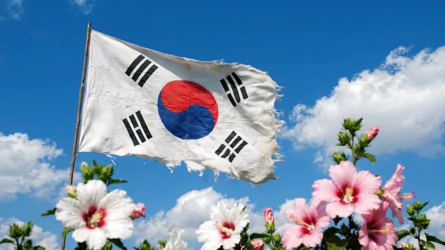 Old Tattered South Korean National Flag Waving Over Hibiscus Flowers Sky