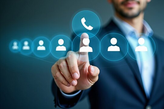 Man's hand reaching for phone icon on digital banner displaying business contact options.