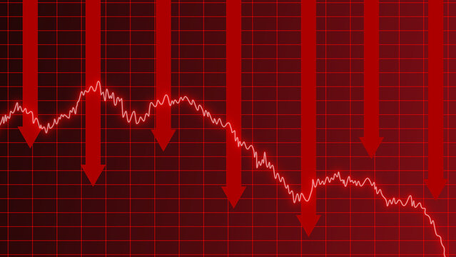 Financial crisis chart, red line arrow graph falling with downward arrow symbolizing stock market crash, economic recession, and global investment collapse