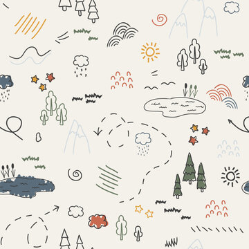 Minimalist scandinavian nursery seamless pattern with abstract road lines, trees and mountains in muted boho palette.