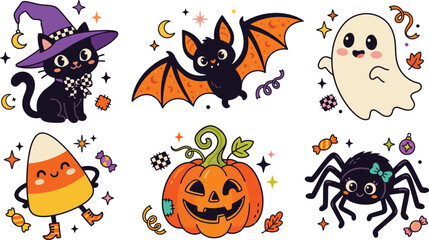 Obraz premium A collection of cute hand drawn halloween stickers featuring a black cat a bat a ghost candy corn pumpkin and spider
