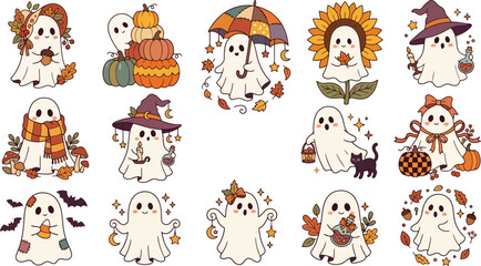 Fototapeta premium Set of cute ghost stickers for autumn and halloween featuring pumpkins sunflowers witch hats and fall leaves in watercolor style illustration