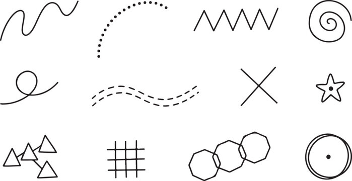 Hand drawn doodle lines and shapes abstract scribbles wavy lines dots zigzag star and geometric forms.