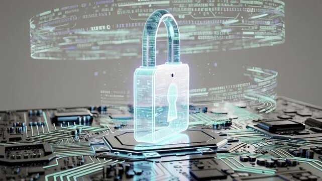 Digital padlock hovering above electronic circuit board motion video footage