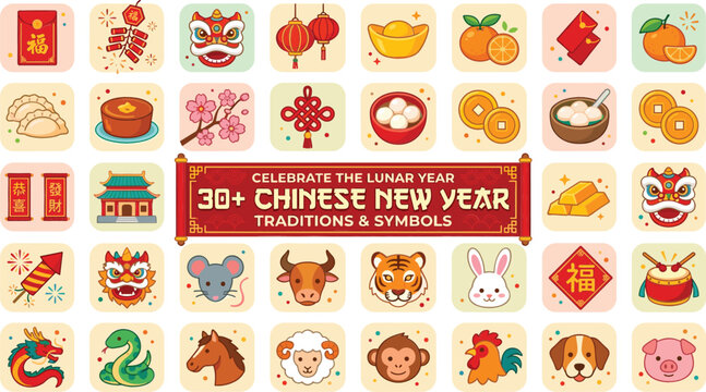 Chinese New Year Lunar Festival Icon Set Featuring Twelve Zodiac Animals Red Envelopes Dragon Lion Dance and Traditional Spring Celebration Symbols