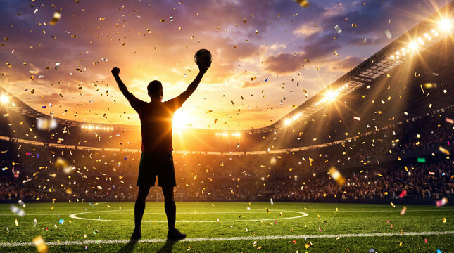 Silhouette of soccer player raising arms holding ball celebrating victory at sunset stadium with golden confetti falling