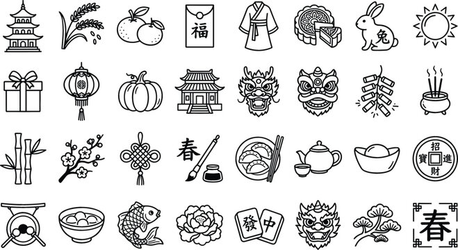 Chinese New Year Lunar Spring Festival Icon Line Art Set Featuring Dragon Lion Dance Lantern Dumplings Firecrackers and Traditional Cultural Symbols