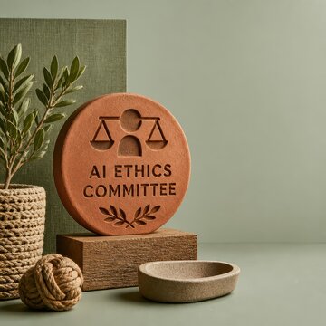 AI ethics committee plaque with natural decor and balance symbol