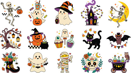 Fototapeta premium Set of cute watercolor halloween stickers featuring skeletons pumpkins ghosts black cats bats haunted houses and festive autumn holiday party elements