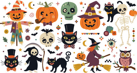 Fototapeta premium A festive collection of cute halloween themed illustrations featuring pumpkins cats skulls a witch a skeleton and a grim reaper character