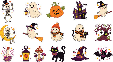 Fototapeta premium Set of cute halloween stickers featuring ghosts skeletons pumpkins black cats witches and bats in a fun colorful cartoon art style