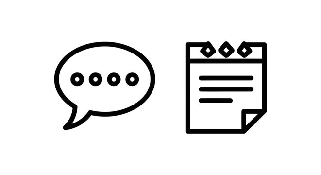 Minimalist speech bubble and notepad line icon set with note taking communication document minimalist interface application dialogue illustration business planning isolated