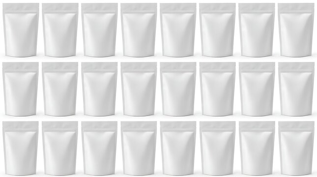 Multiple white blank stand up zipper pouch bags arranged in rows on a clean white background for product packaging mockup.