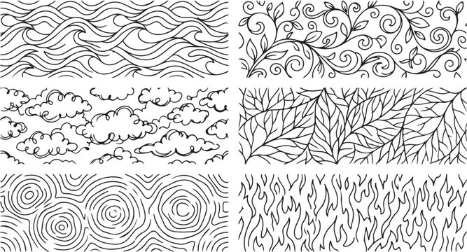 Seamless patterns wavy lines swirling branches leaves clouds swirling circles and flame motifs abstract.