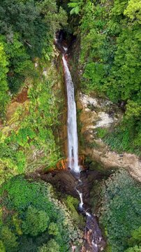 A vertical high-angle aerial drone shot of the Cascata da Ribeira Quente waterfall in image_cee7c5.jpg, showing the long stream cascading down a steep, rocky mountain wall surrounded by lush green tro
