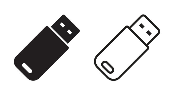 Black and outline style usb flash drive icons for digital storage and data transfer Vector