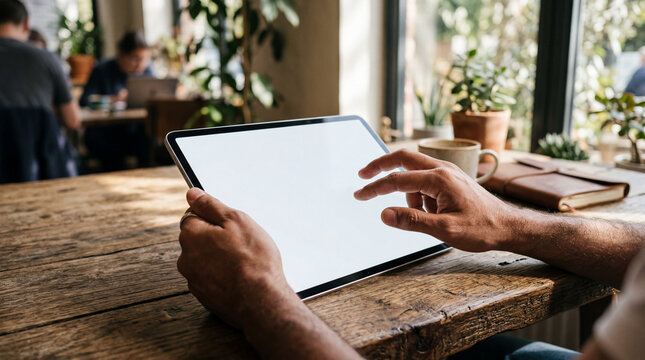 Man using tablet at wooden table in cafe with plants and natural light remote work concept