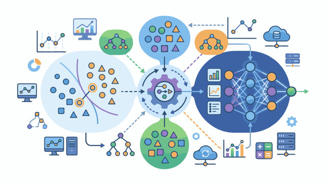 Abstract illustration of machine learning and data processing workflow