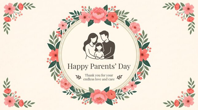 Parents Day Floral Frame Greeting Card with Minimalist Family Icon and Copy Space Banner