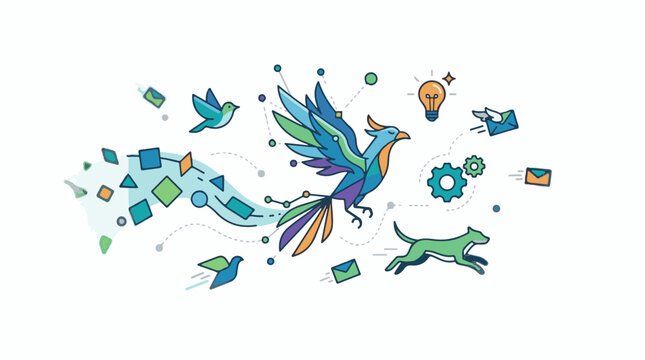 A colorful bird flies with a dog birds and abstract shapes
