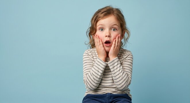 Child's wide eyed wonder and astonishment against a serene blue backdrop
