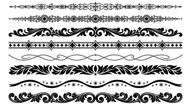 Luxury ornamental border designs with floral swirls leaf patterns and geometric diamonds suitable for formal certificates stationery or elegant book publishing page layouts set.