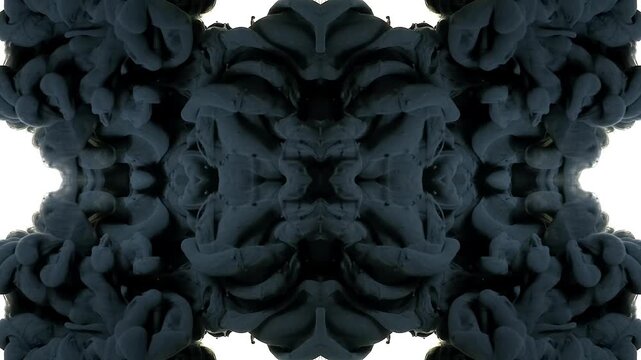 Heavy black ink expands into a mirrored creature-mask shape on white, creating a disturbing abstract motion background for horror screensavers, dark fantasy titles and psychological visuals.