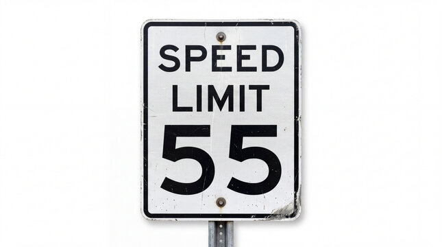 Weathered speed limit 55 road sign on metal post against white background for traffic safety and transportation design
