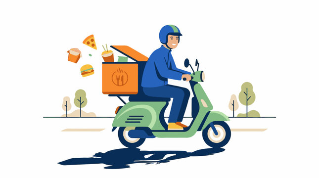 A cheerful person rides a green scooter delivering various foods in a box
