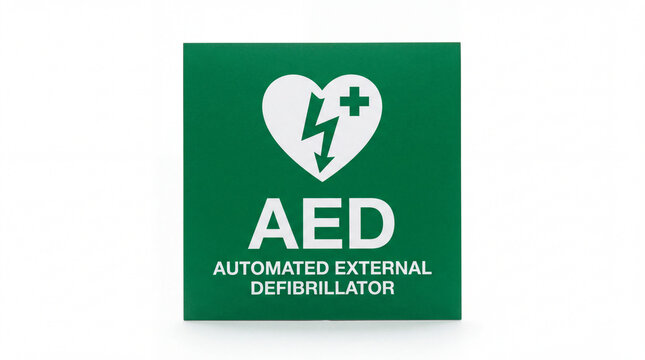 Green aed sign with heart lightning bolt symbol for emergency medical equipment and public safety awareness