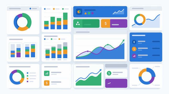 A dashboard displaying various colorful financial data charts and graphs
