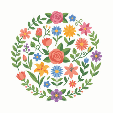A circular arrangement of colorful stylized flowers and leaves