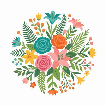 A circular arrangement of vibrant stylized flowers and greenery