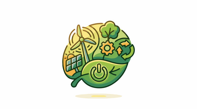 A circular illustration of green energy symbols like wind turbine and solar