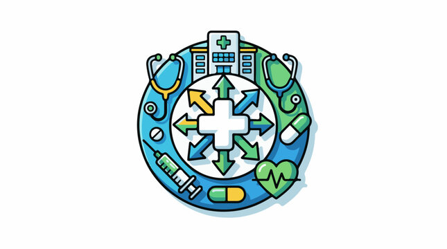 A circular medical theme with a hospital stethoscopes syringe pills heart monitor