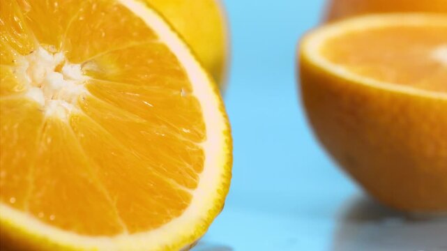 A drop of water falls on a slice of orange on the blue background at super slow motion at 1000 fps