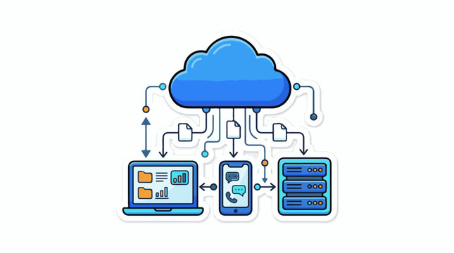 A cloud system connects a laptop phone and servers via data transfer