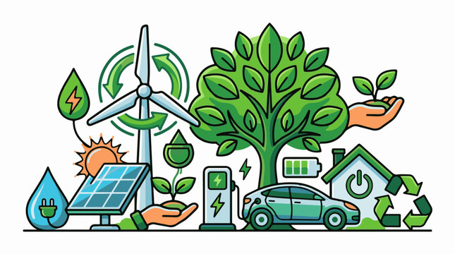 A collage of green energy icons solar wind electric car and home