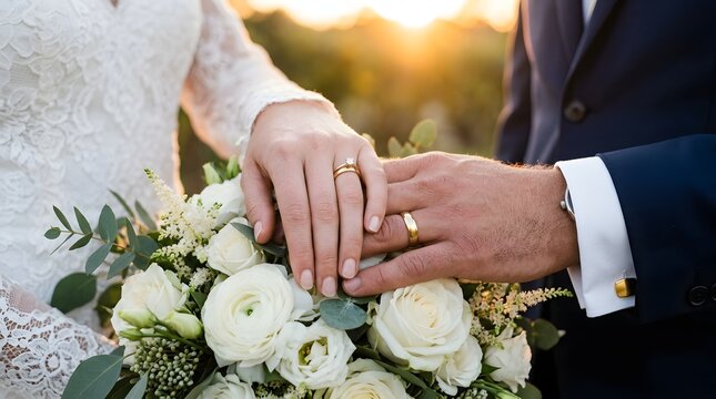 Bride and groom exchanging rings with floral bouquet at sunset