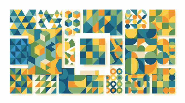 A collage of geometric shapes in teal yellow green and orange