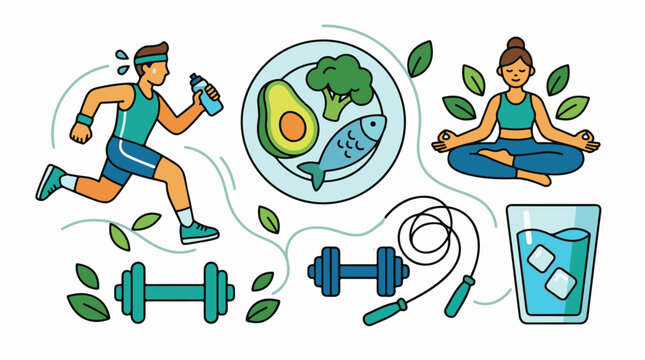A collage of healthy living elements running healthy food yoga and exercise