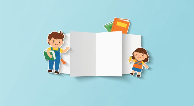 Cartoon boy and girl stickers with books and pencil surrounding white blank tri-fold brochure mockup on blue background for educational school design templates.