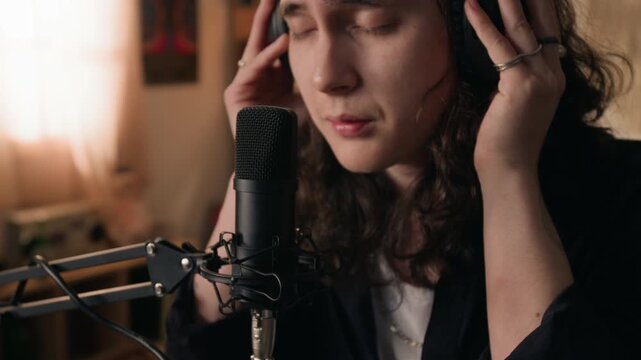 Close-up shot of young man wearing headphones singing into professional microphone with closed eyes in home studio. Footage for music production, podcasting, or audio software ads