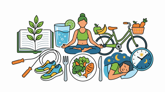 A collage of icons representing healthy living diet and wellness