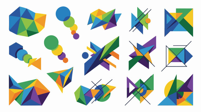 A collection of abstract geometric shapes and patterns in vibrant colors