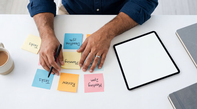 Man organizing sticky notes on desk with tablet and coffee for project planning and task management workflow
