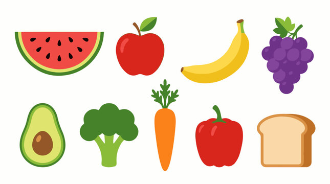 A collection of assorted fruits vegetables and bread slices