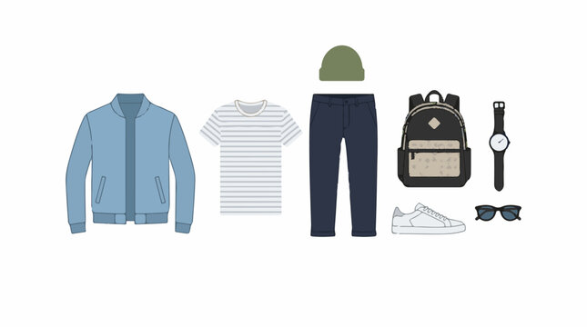 A collection of casual male clothing and accessories on a white background
