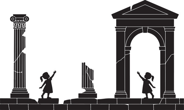 Two children waving near ancient greek columns and archway